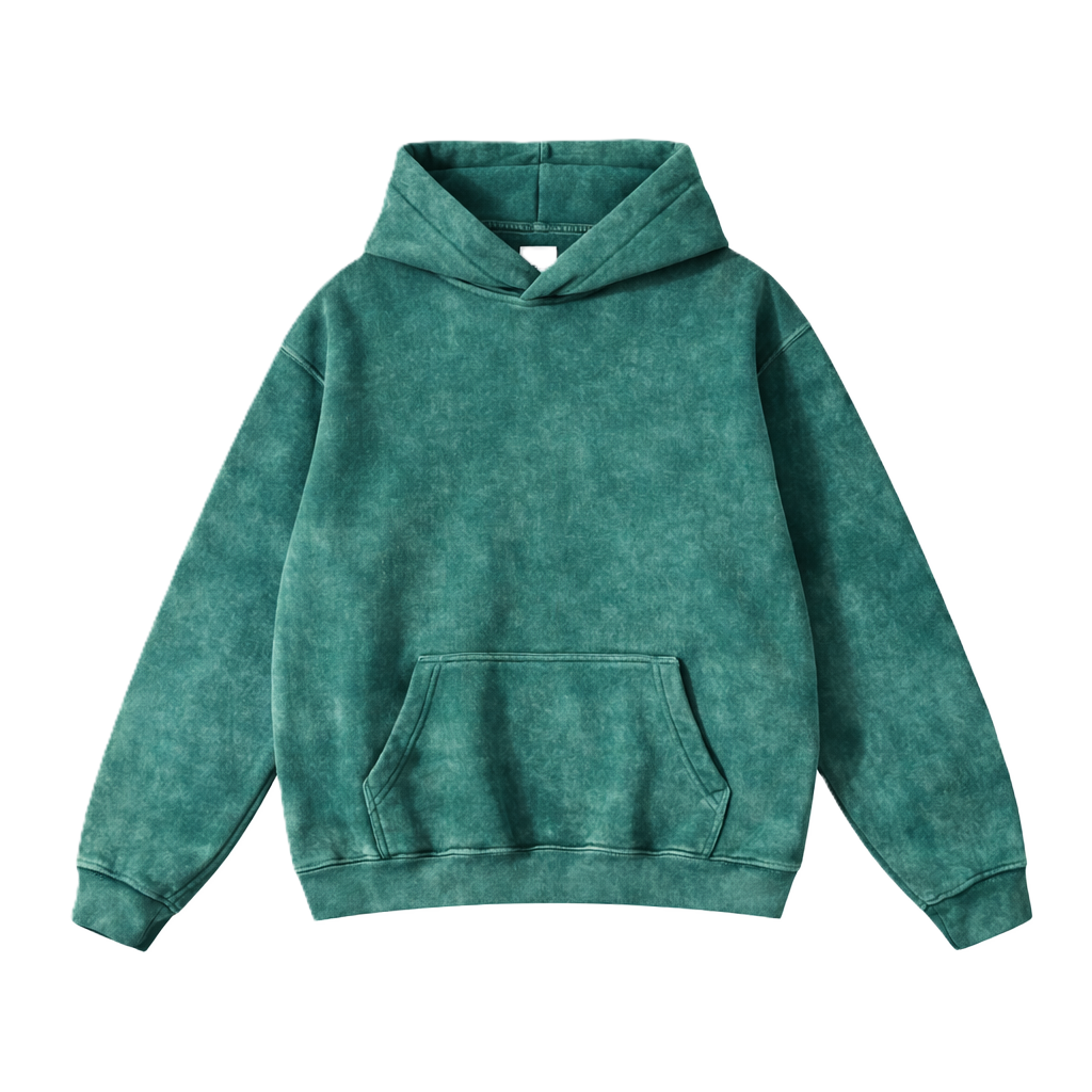 TEAL GREEN ACID WASH STYLE 350 GSM OVERSIZED FLEECE HOODIE