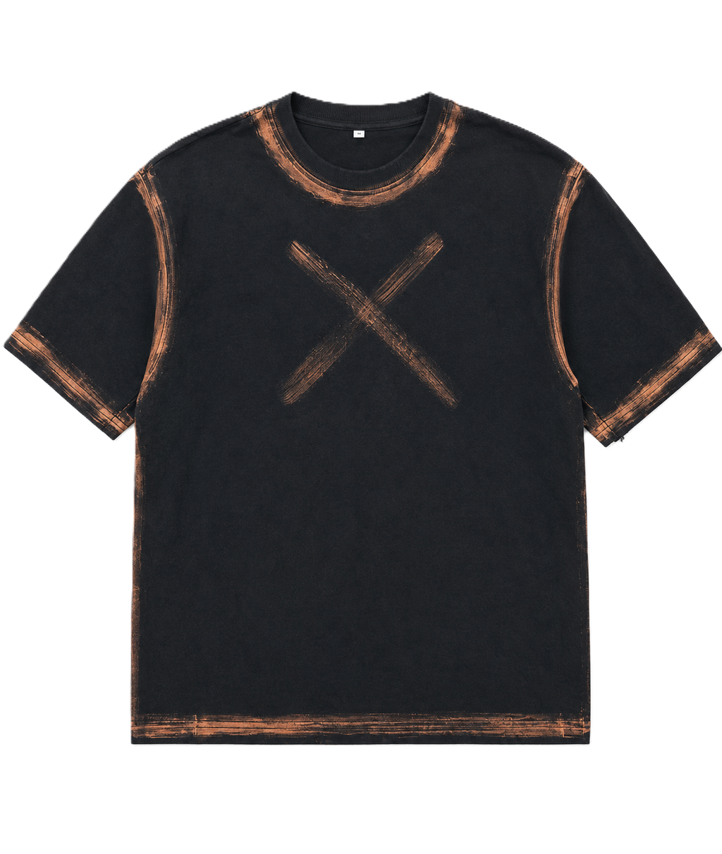 BORDER STROKES X MARK BLACK ACID-WASHED OVERSIZED T-SHIRT